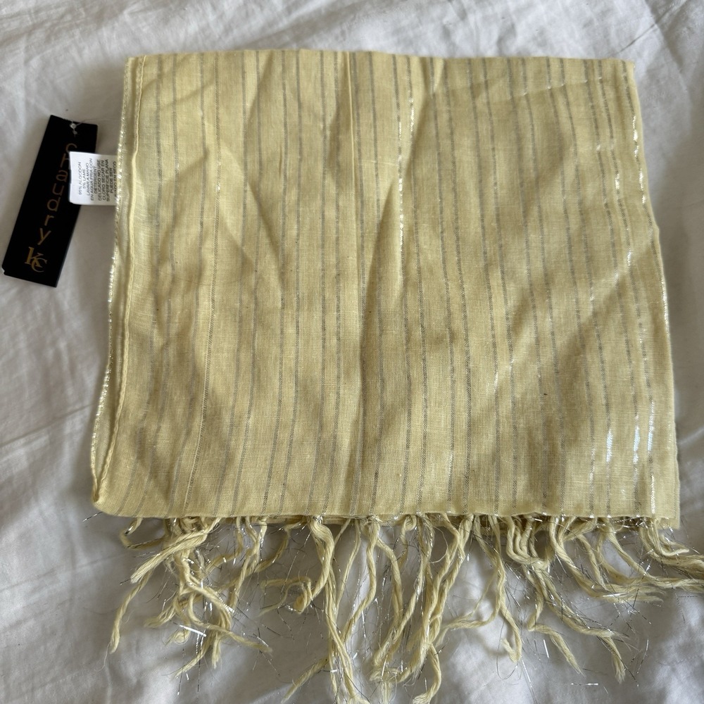 Boho Scarf Wrap Yellow Metallic Silver Cotton Fringe Festival Hippie India New - Picture 6 of 6